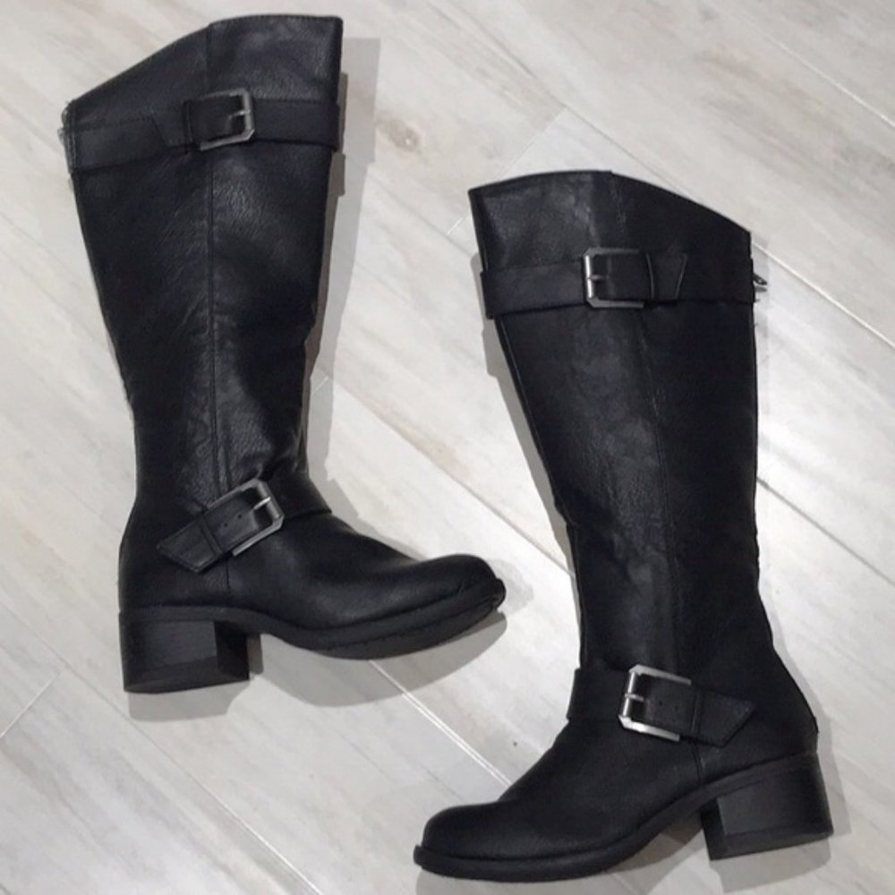 BLACK ROUND TOE MOTO BOOTS